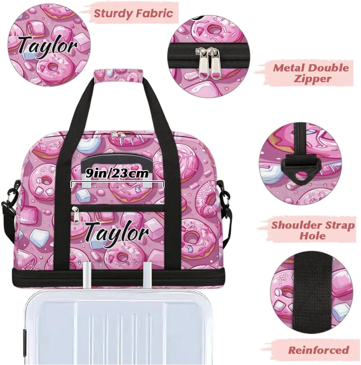 Personalized Duffel Bag with Name, Custom Donuts Travel Sports Gym Yoga Beach Bag Customized Weekender Overnight Bag with Shoes Compartment for Women, Colorful Donut