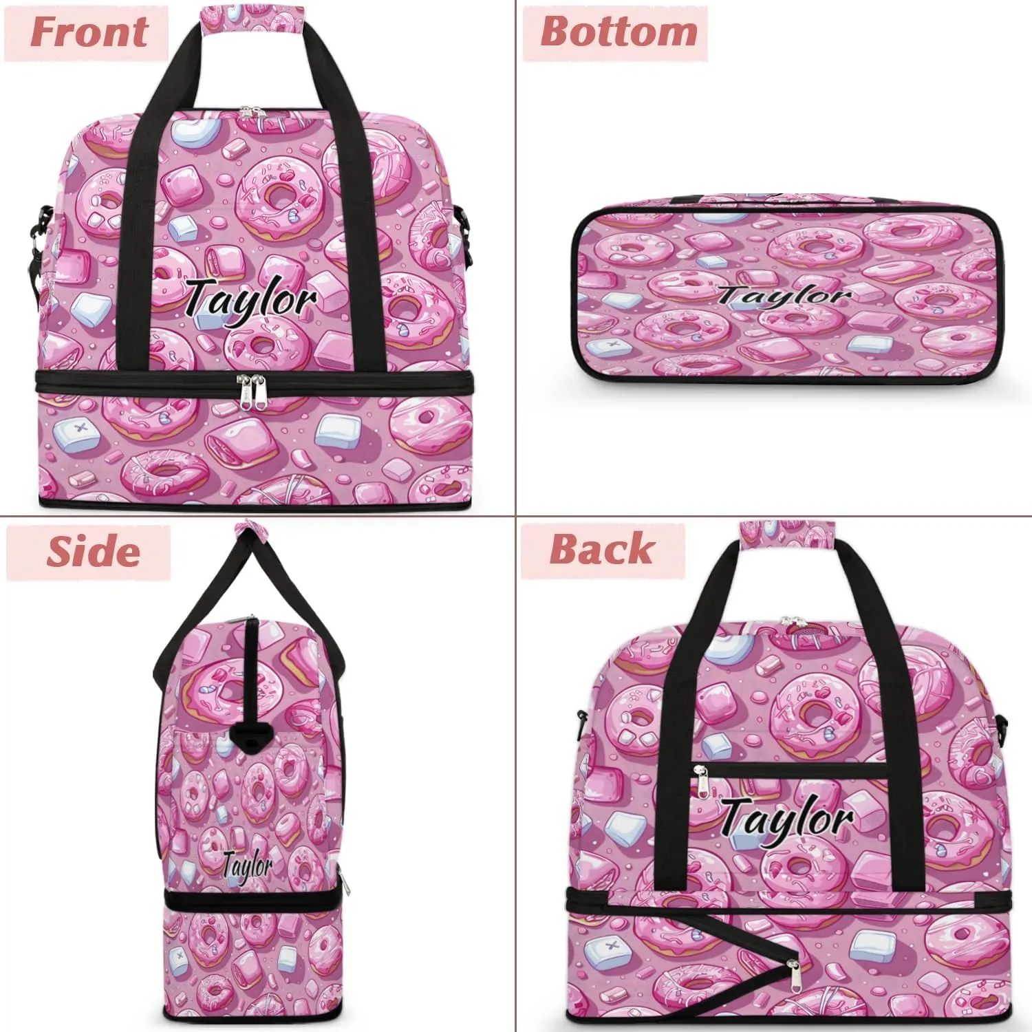 Personalized Duffel Bag with Name, Custom Donuts Travel Sports Gym Yoga Beach Bag Customized Weekender Overnight Bag with Shoes Compartment for Women, Colorful Donut