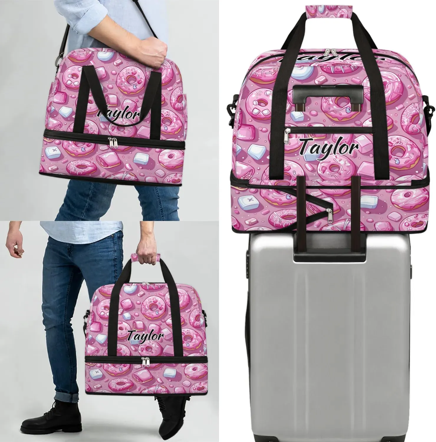 Personalized Duffel Bag with Name, Custom Donuts Travel Sports Gym Yoga Beach Bag Customized Weekender Overnight Bag with Shoes Compartment for Women, Colorful Donut