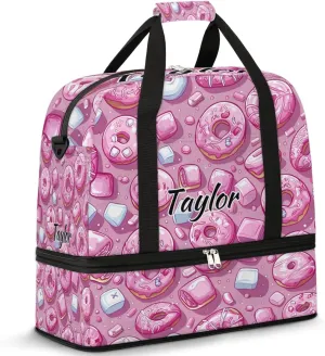 Personalized Duffel Bag with Name, Custom Donuts Travel Sports Gym Yoga Beach Bag Customized Weekender Overnight Bag with Shoes Compartment for Women, Colorful Donut