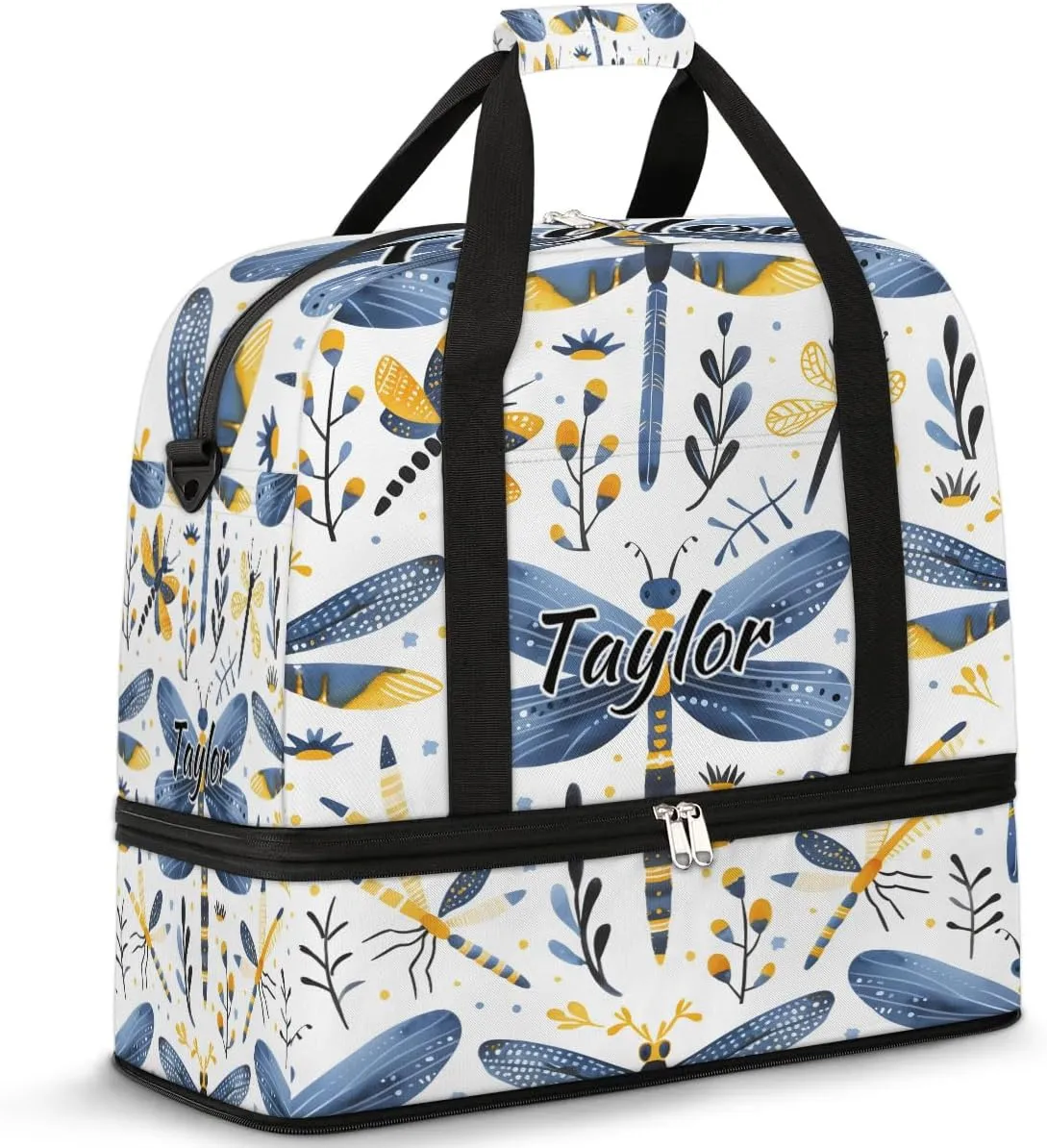 Personalized Duffel Bag with Name, Custom Dragonfly Wildflowers Travel Sports Gym Yoga Beach Bag Customized Weekender Overnight Bag with Shoes Compartment for Women, Farmhouse Dragonfly