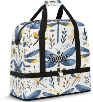 Personalized Duffel Bag with Name, Custom Dragonfly Wildflowers Travel Sports Gym Yoga Beach Bag Customized Weekender Overnight Bag with Shoes Compartment for Women, Farmhouse Dragonfly