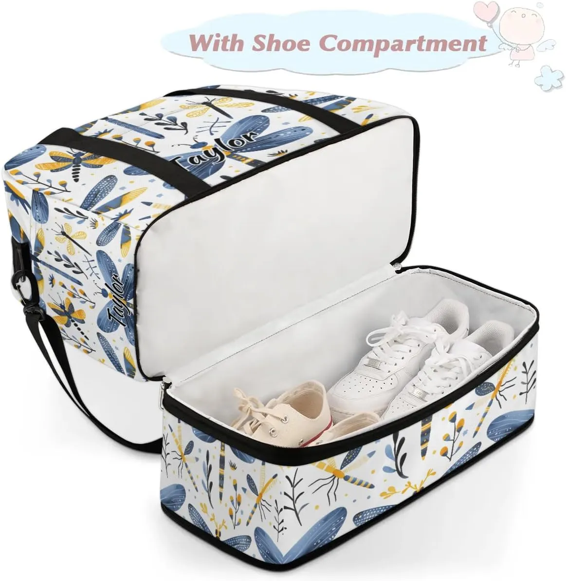Personalized Duffel Bag with Name, Custom Dragonfly Wildflowers Travel Sports Gym Yoga Beach Bag Customized Weekender Overnight Bag with Shoes Compartment for Women, Farmhouse Dragonfly