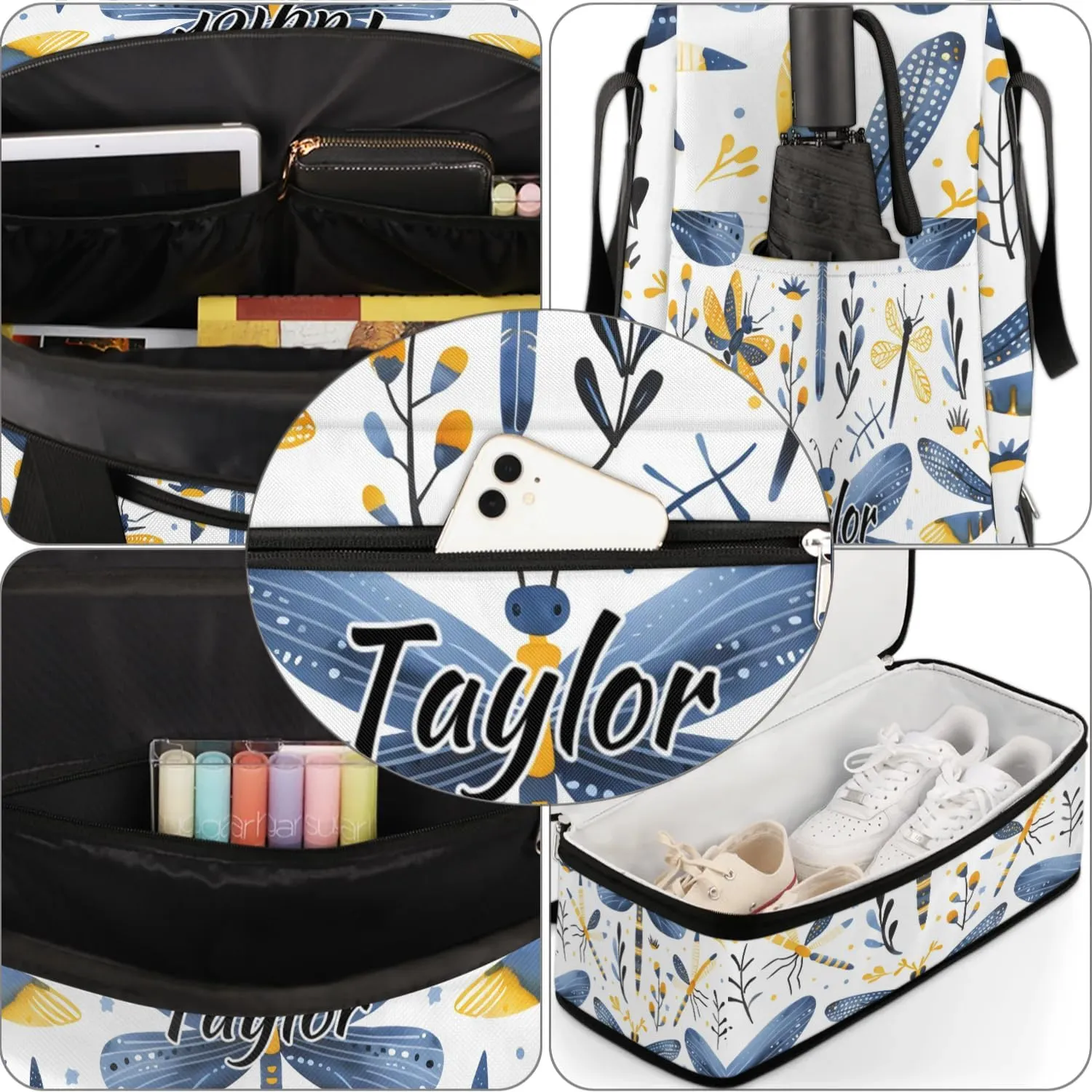 Personalized Duffel Bag with Name, Custom Dragonfly Wildflowers Travel Sports Gym Yoga Beach Bag Customized Weekender Overnight Bag with Shoes Compartment for Women, Farmhouse Dragonfly
