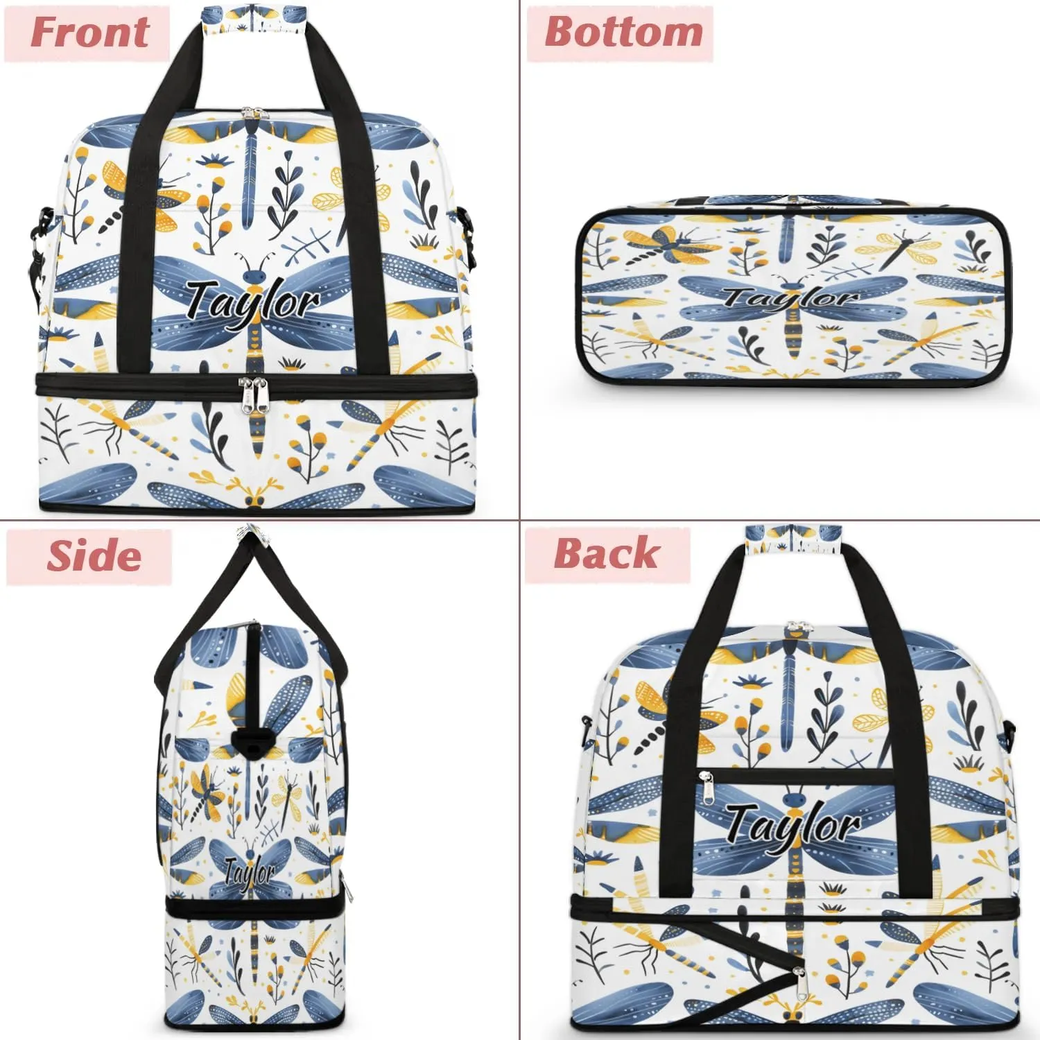 Personalized Duffel Bag with Name, Custom Dragonfly Wildflowers Travel Sports Gym Yoga Beach Bag Customized Weekender Overnight Bag with Shoes Compartment for Women, Farmhouse Dragonfly