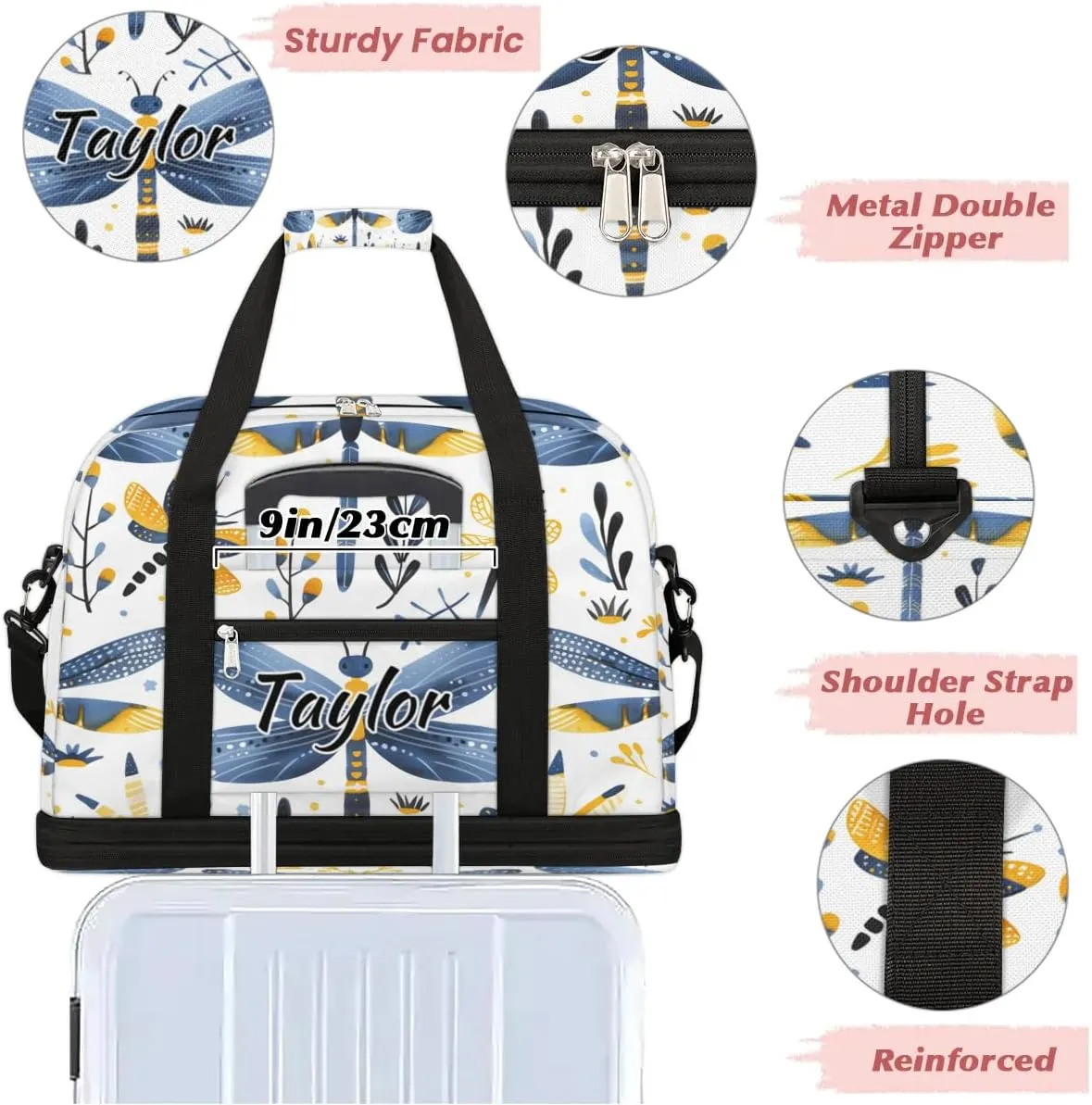 Personalized Duffel Bag with Name, Custom Dragonfly Wildflowers Travel Sports Gym Yoga Beach Bag Customized Weekender Overnight Bag with Shoes Compartment for Women, Farmhouse Dragonfly
