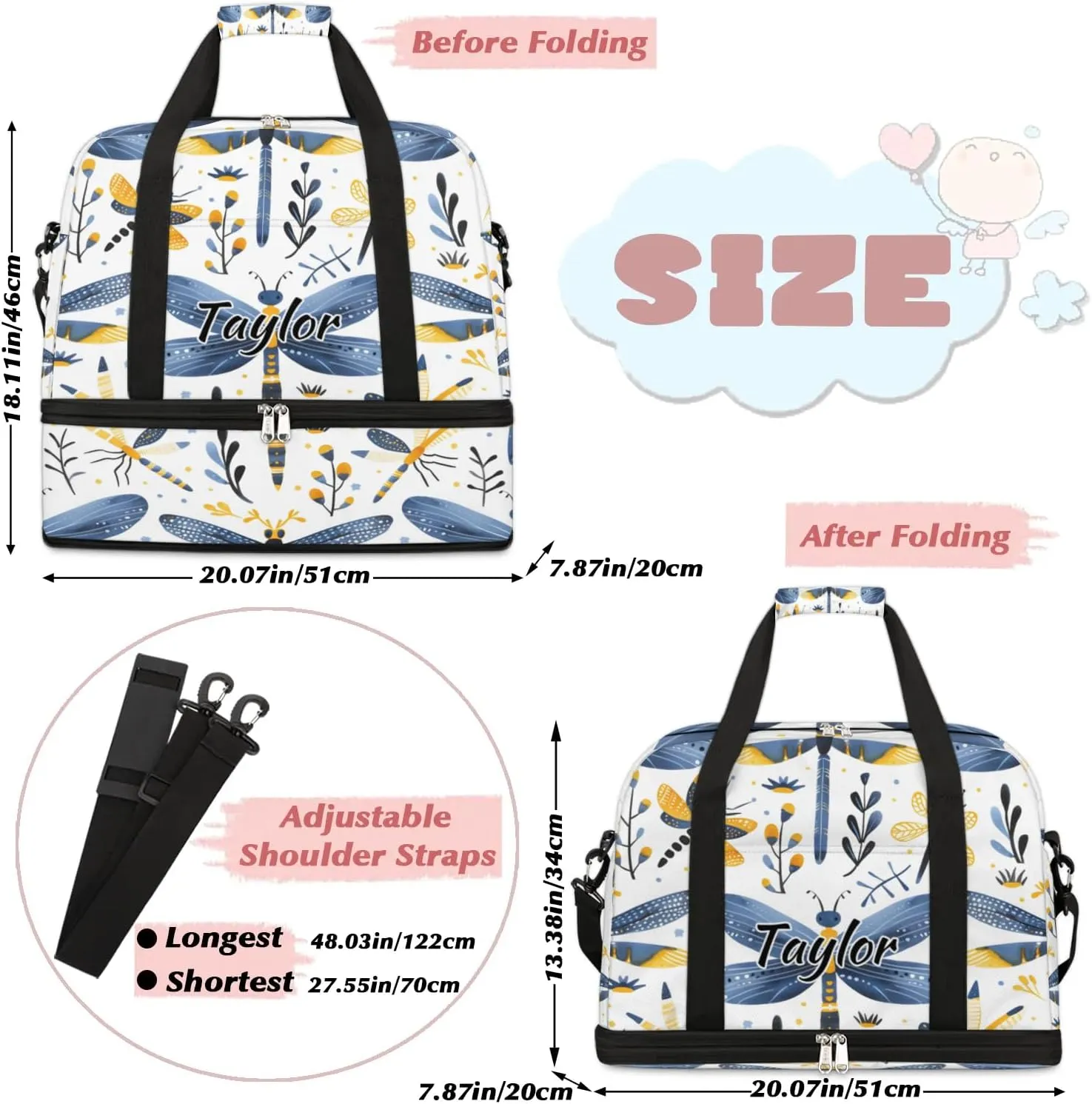 Personalized Duffel Bag with Name, Custom Dragonfly Wildflowers Travel Sports Gym Yoga Beach Bag Customized Weekender Overnight Bag with Shoes Compartment for Women, Farmhouse Dragonfly