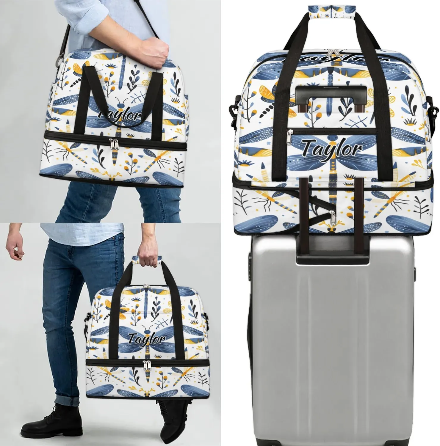 Personalized Duffel Bag with Name, Custom Dragonfly Wildflowers Travel Sports Gym Yoga Beach Bag Customized Weekender Overnight Bag with Shoes Compartment for Women, Farmhouse Dragonfly