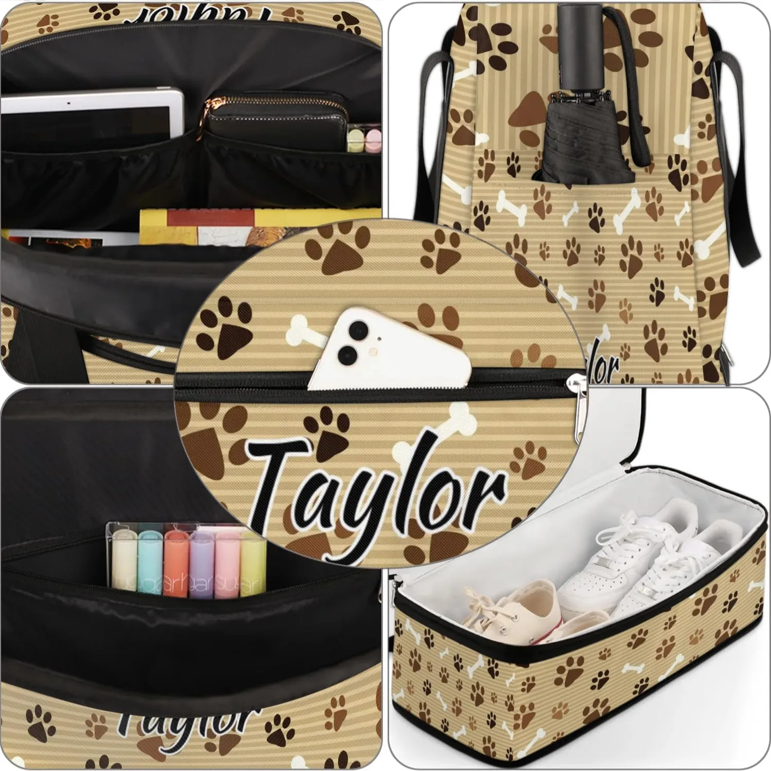 Personalized Duffel Bag with Name, Custom Pawprint Animal Paw Travel Sports Gym Yoga Beach Bag Customized Weekender Overnight Bag with Shoes Compartment for Women, Footprint with Bones
