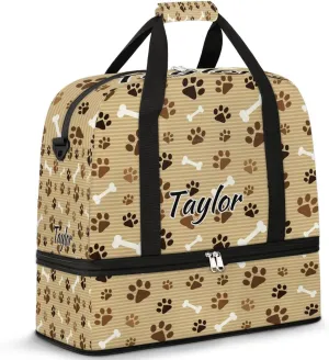 Personalized Duffel Bag with Name, Custom Pawprint Animal Paw Travel Sports Gym Yoga Beach Bag Customized Weekender Overnight Bag with Shoes Compartment for Women, Footprint with Bones
