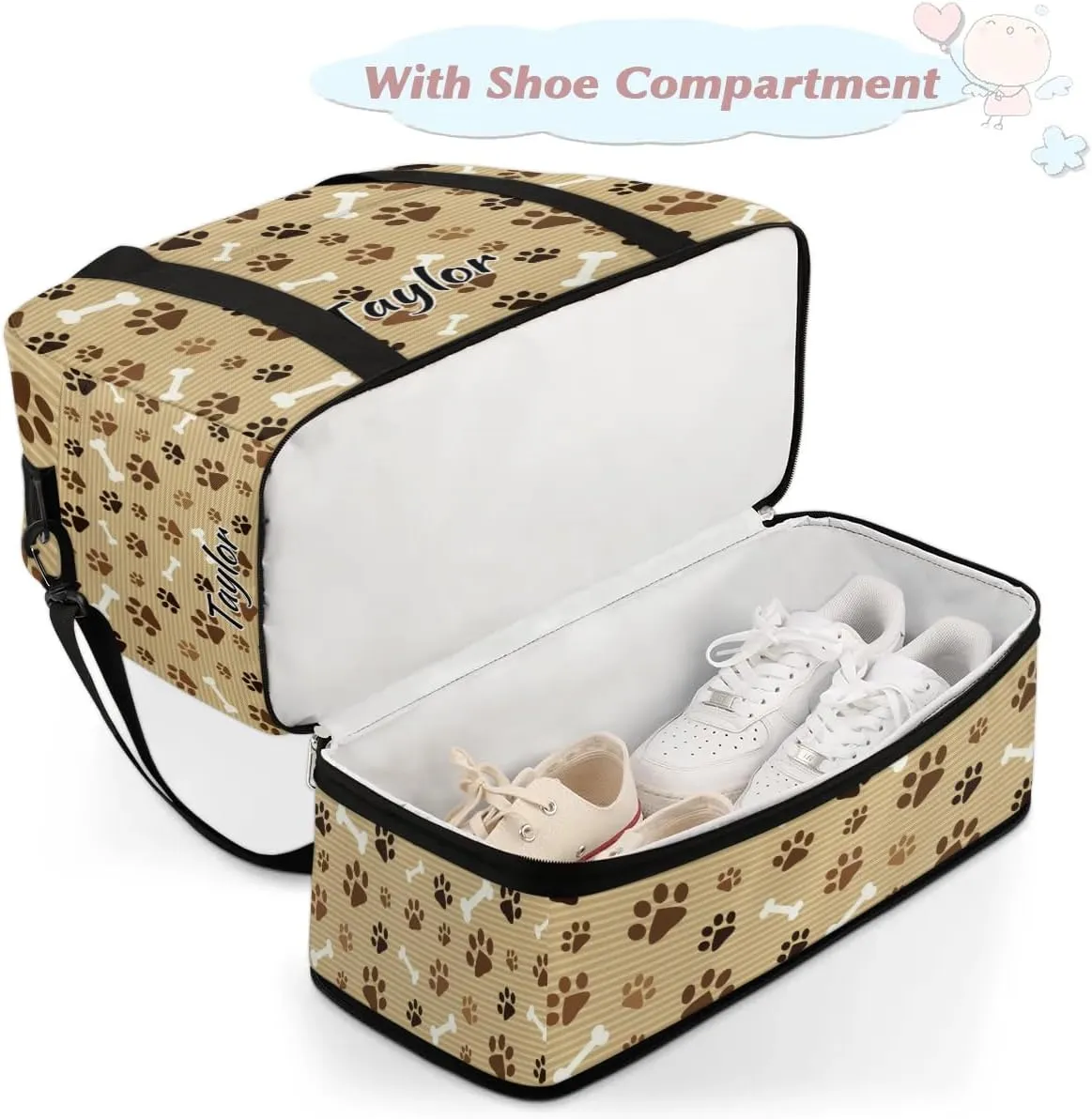 Personalized Duffel Bag with Name, Custom Pawprint Animal Paw Travel Sports Gym Yoga Beach Bag Customized Weekender Overnight Bag with Shoes Compartment for Women, Footprint with Bones
