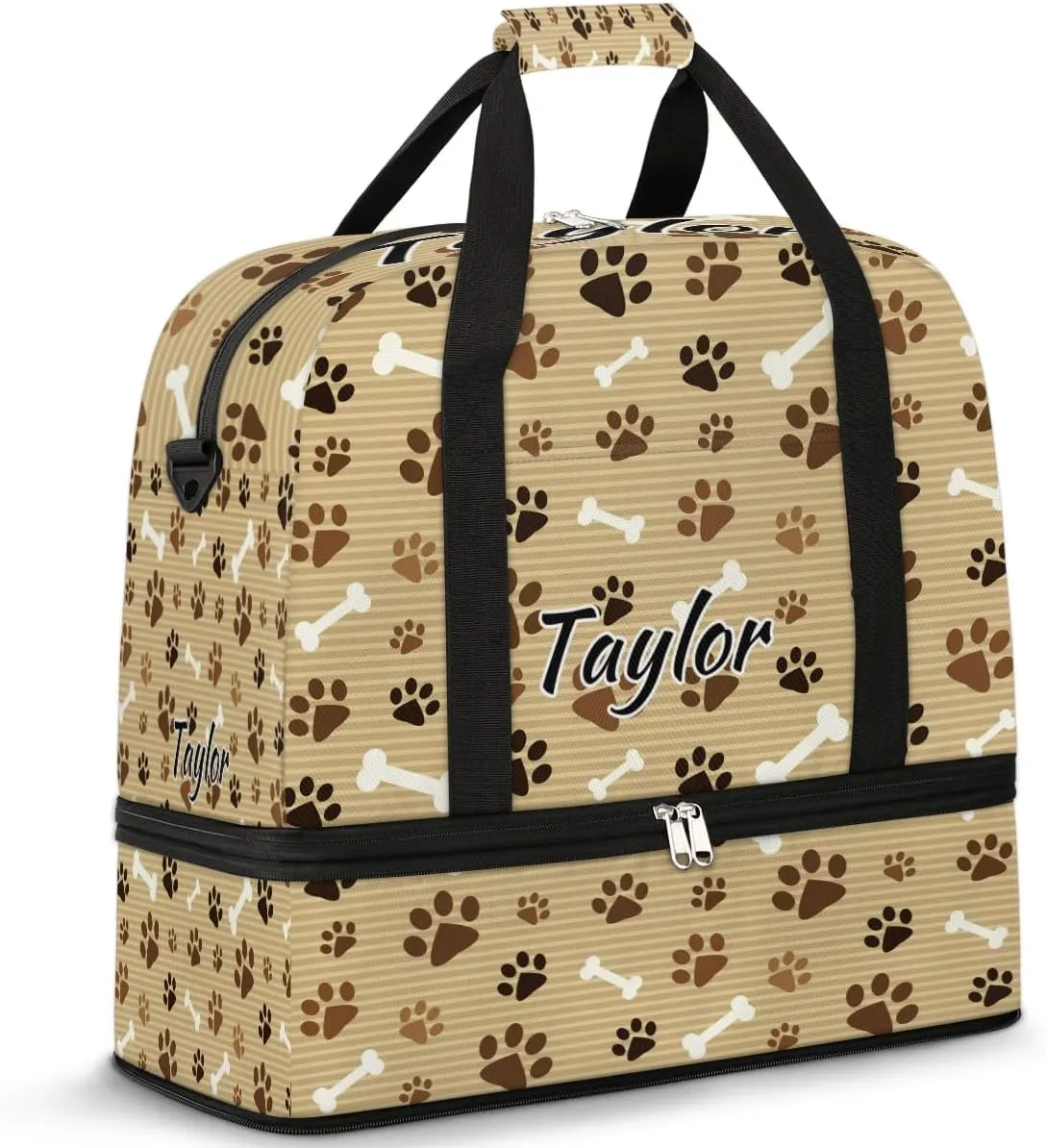 Personalized Duffel Bag with Name, Custom Pawprint Animal Paw Travel Sports Gym Yoga Beach Bag Customized Weekender Overnight Bag with Shoes Compartment for Women, Footprint with Bones