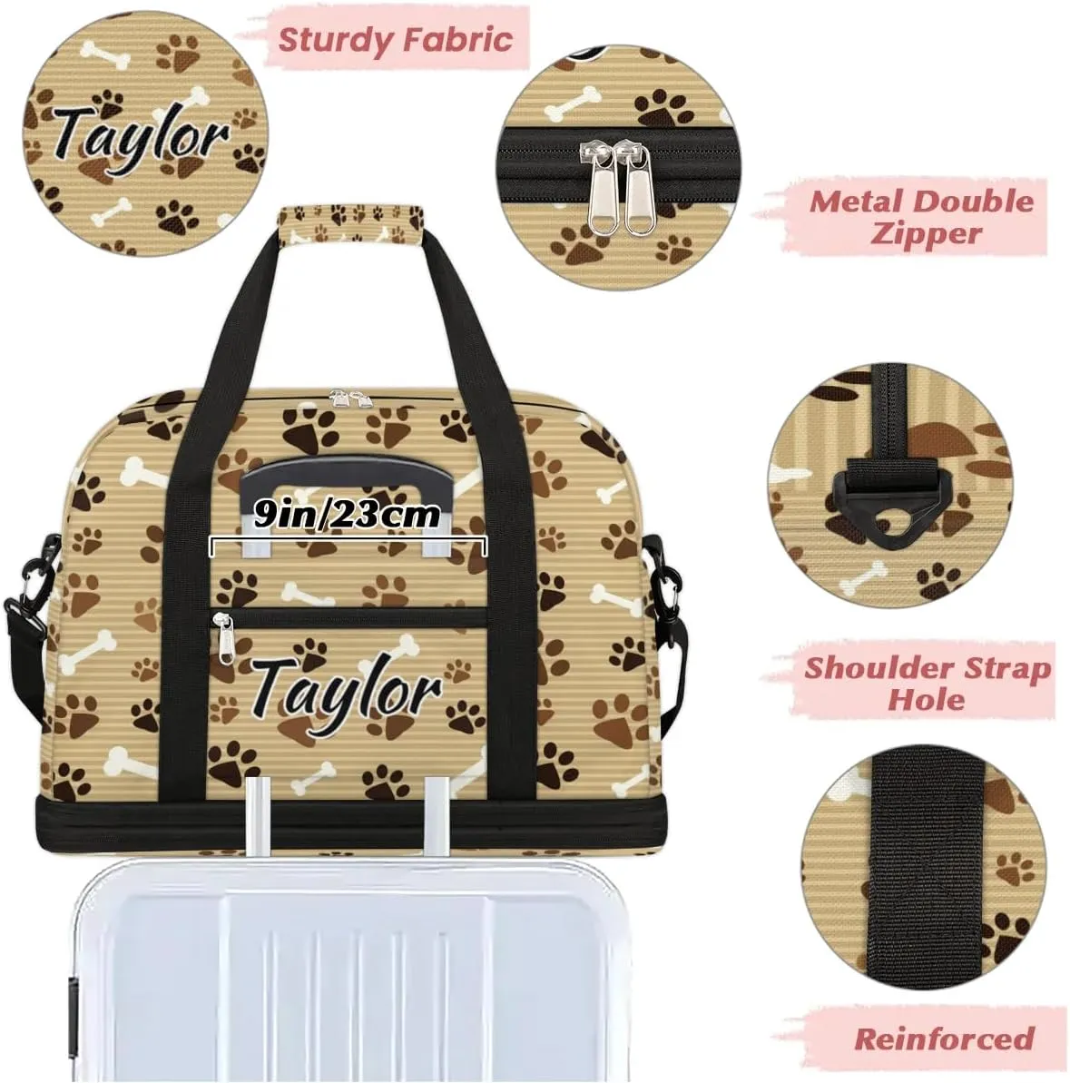 Personalized Duffel Bag with Name, Custom Pawprint Animal Paw Travel Sports Gym Yoga Beach Bag Customized Weekender Overnight Bag with Shoes Compartment for Women, Footprint with Bones