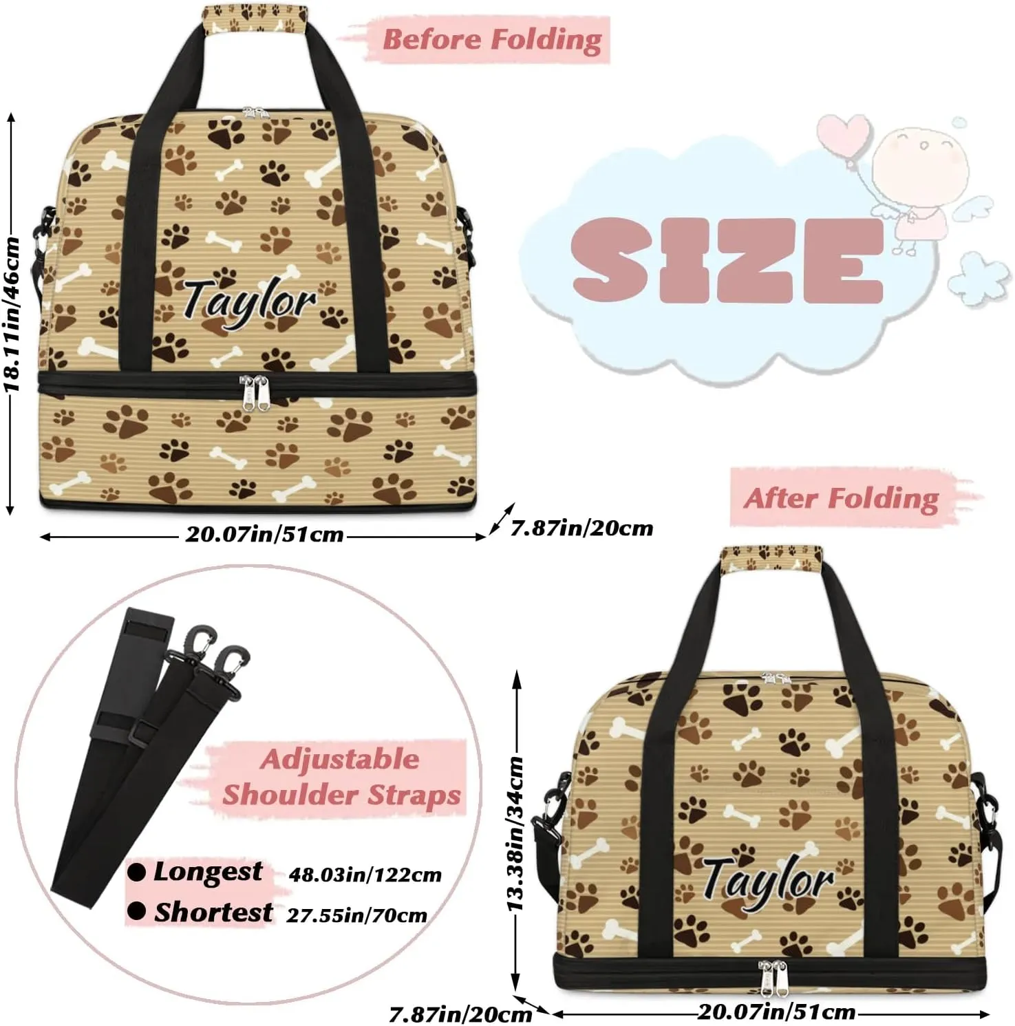 Personalized Duffel Bag with Name, Custom Pawprint Animal Paw Travel Sports Gym Yoga Beach Bag Customized Weekender Overnight Bag with Shoes Compartment for Women, Footprint with Bones