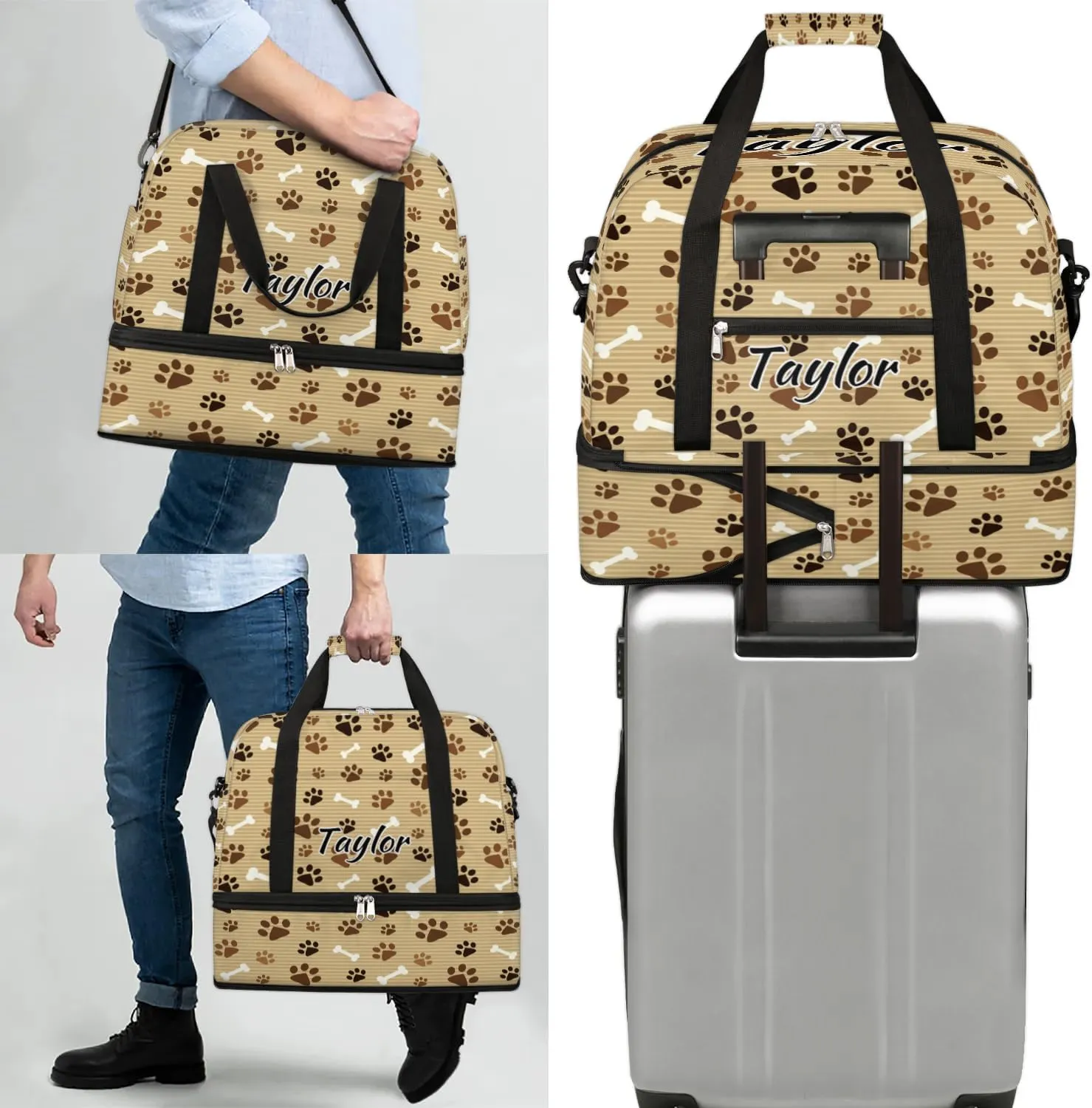 Personalized Duffel Bag with Name, Custom Pawprint Animal Paw Travel Sports Gym Yoga Beach Bag Customized Weekender Overnight Bag with Shoes Compartment for Women, Footprint with Bones