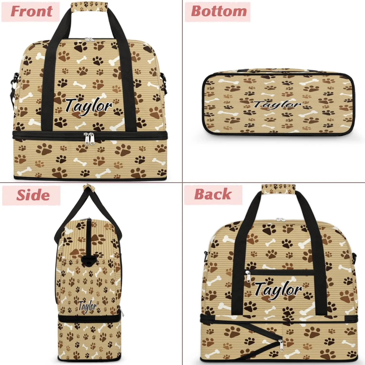 Personalized Duffel Bag with Name, Custom Pawprint Animal Paw Travel Sports Gym Yoga Beach Bag Customized Weekender Overnight Bag with Shoes Compartment for Women, Footprint with Bones