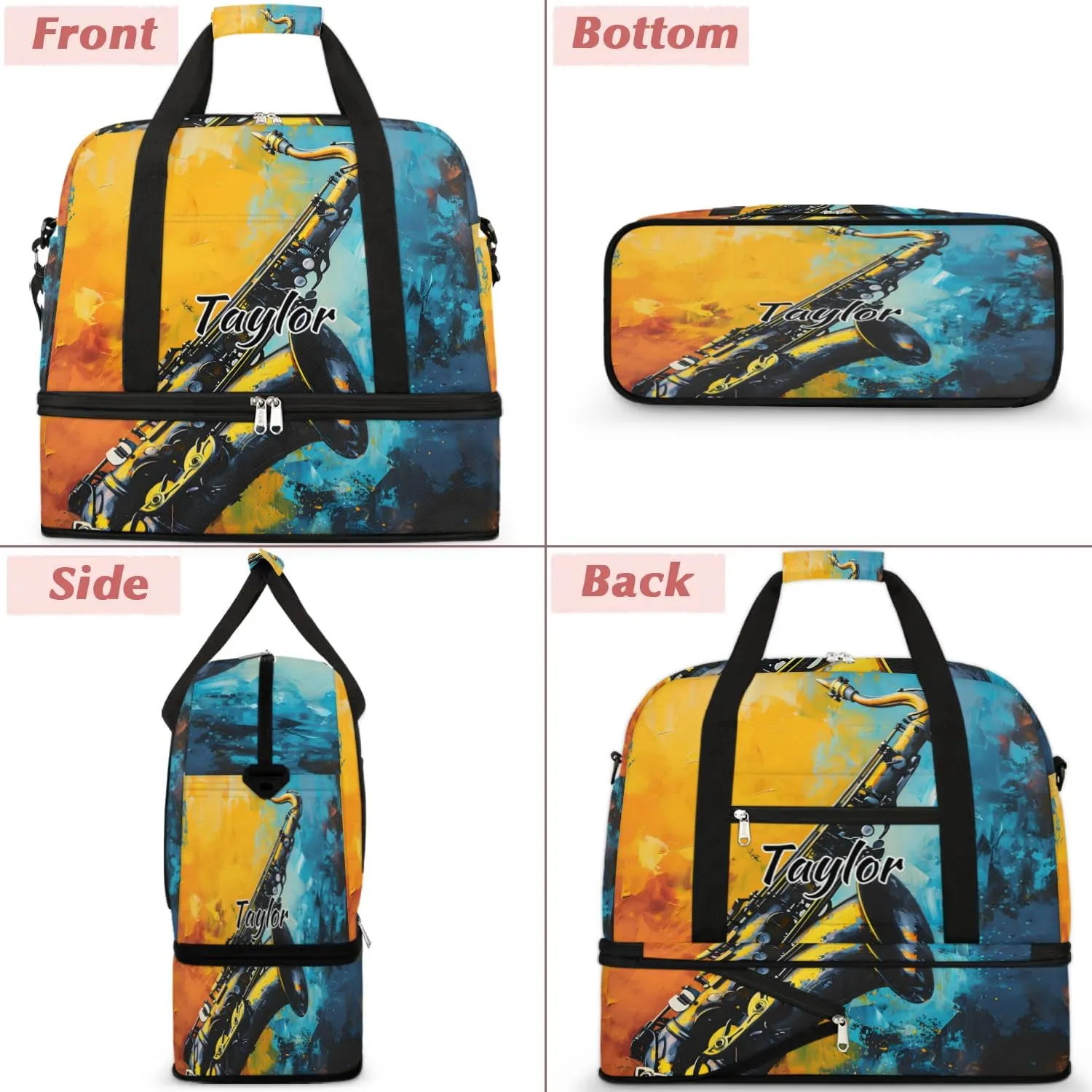 Personalized Duffel Bag with Name, Custom Saxophone Travel Sports Gym Yoga Beach Bag Customized Weekender Overnight Bag with Shoes Compartment for Women, Musical