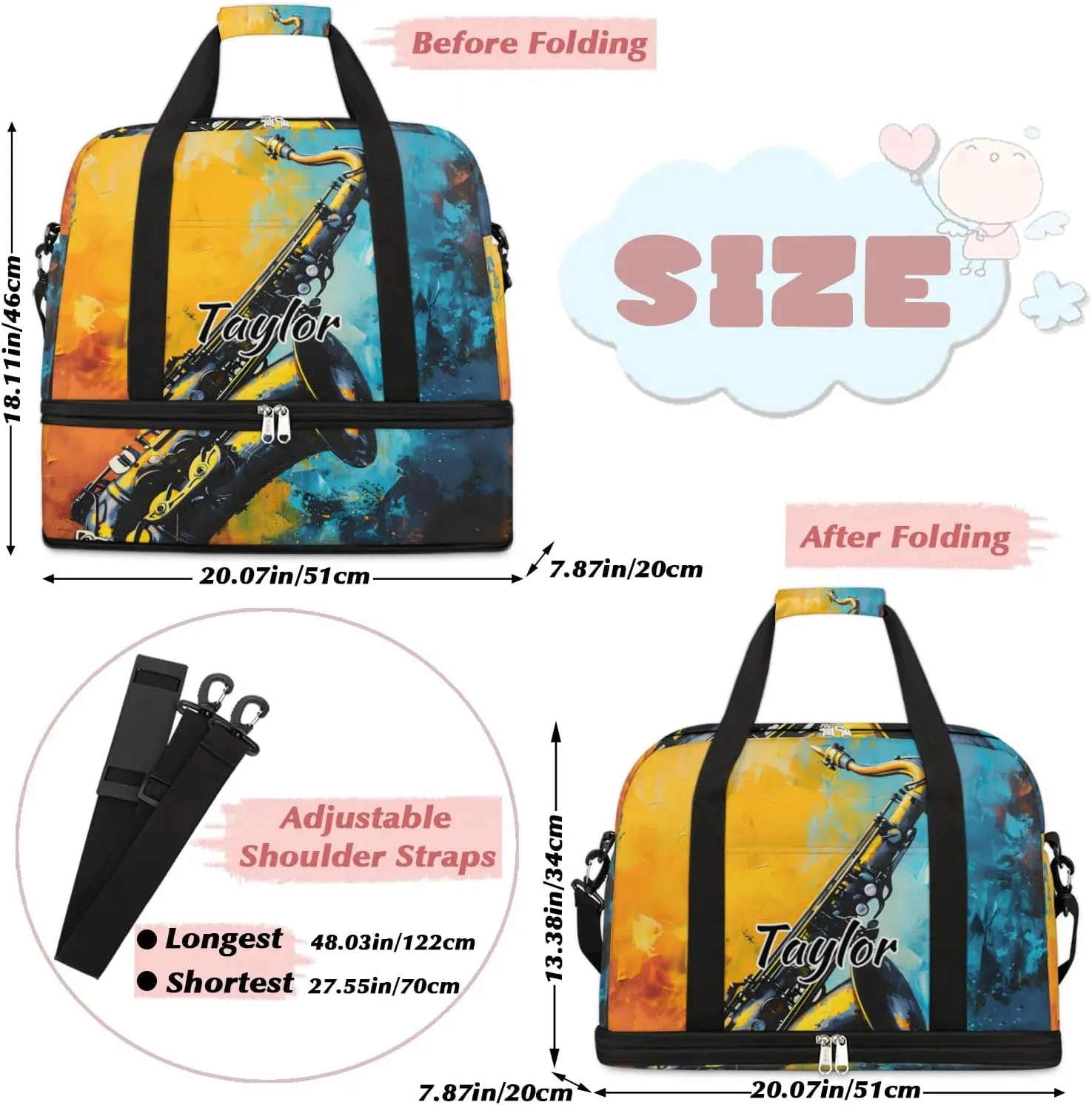 Personalized Duffel Bag with Name, Custom Saxophone Travel Sports Gym Yoga Beach Bag Customized Weekender Overnight Bag with Shoes Compartment for Women, Musical