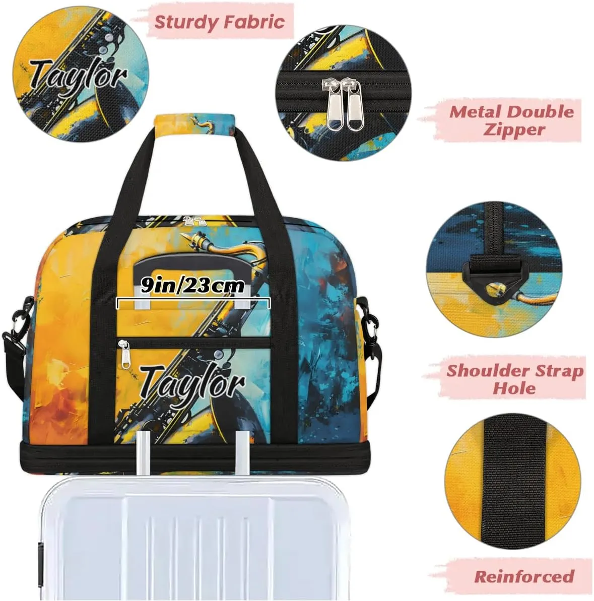 Personalized Duffel Bag with Name, Custom Saxophone Travel Sports Gym Yoga Beach Bag Customized Weekender Overnight Bag with Shoes Compartment for Women, Musical