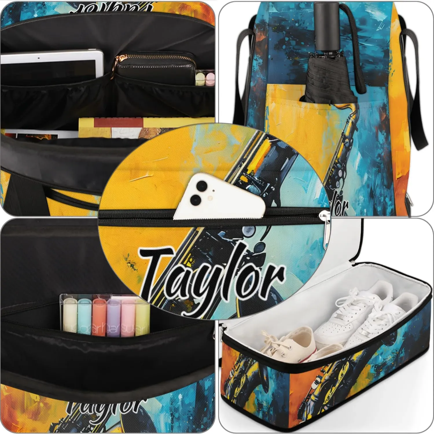 Personalized Duffel Bag with Name, Custom Saxophone Travel Sports Gym Yoga Beach Bag Customized Weekender Overnight Bag with Shoes Compartment for Women, Musical