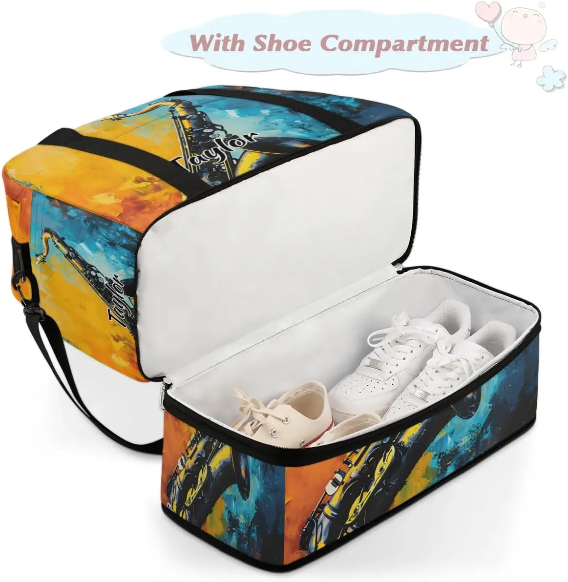Personalized Duffel Bag with Name, Custom Saxophone Travel Sports Gym Yoga Beach Bag Customized Weekender Overnight Bag with Shoes Compartment for Women, Musical