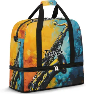 Personalized Duffel Bag with Name, Custom Saxophone Travel Sports Gym Yoga Beach Bag Customized Weekender Overnight Bag with Shoes Compartment for Women, Musical