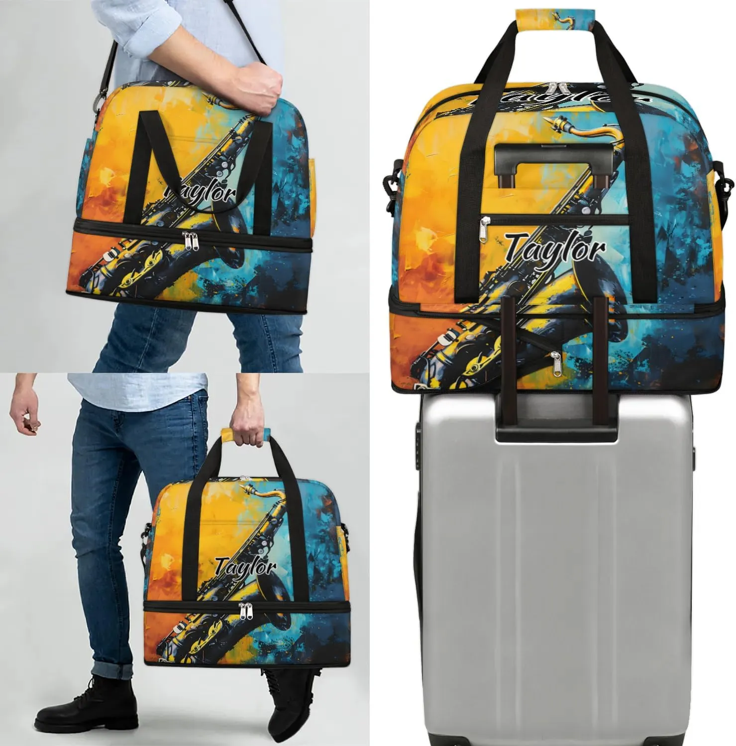Personalized Duffel Bag with Name, Custom Saxophone Travel Sports Gym Yoga Beach Bag Customized Weekender Overnight Bag with Shoes Compartment for Women, Musical