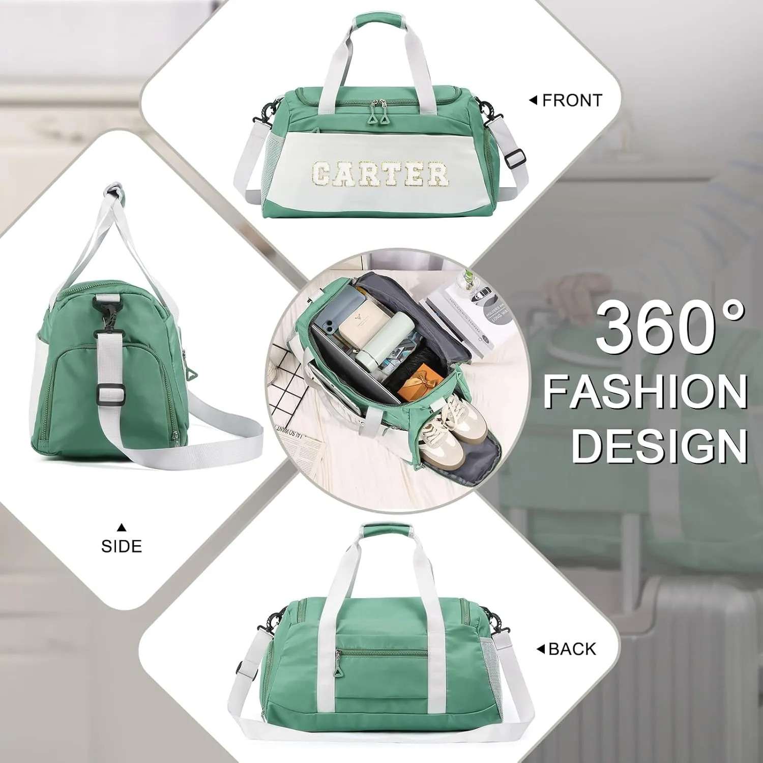 Personalized Duffel Bag with Name | Oxford Cloth Gym Bag with Shoes and Wet Pockets, Sports Bag Weekender Overnight Bag for Traveling for Women Men(Green)