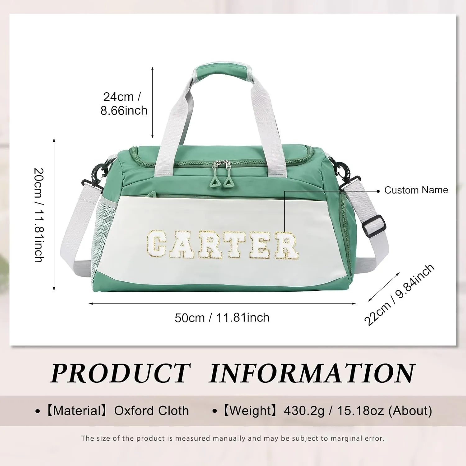 Personalized Duffel Bag with Name | Oxford Cloth Gym Bag with Shoes and Wet Pockets, Sports Bag Weekender Overnight Bag for Traveling for Women Men(Green)