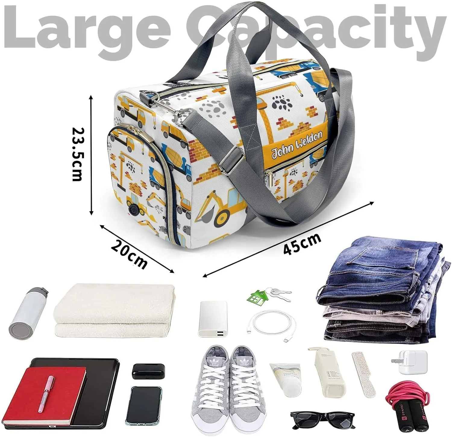 Personalized Gym Bag,Custom Name Stop Build Truck Beep Sport Duffel Bag Weekender Carry On Travel Duffel Bag