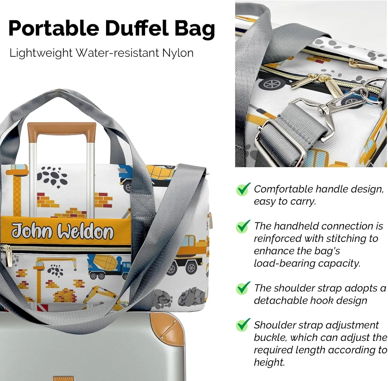 Personalized Gym Bag,Custom Name Stop Build Truck Beep Sport Duffel Bag Weekender Carry On Travel Duffel Bag