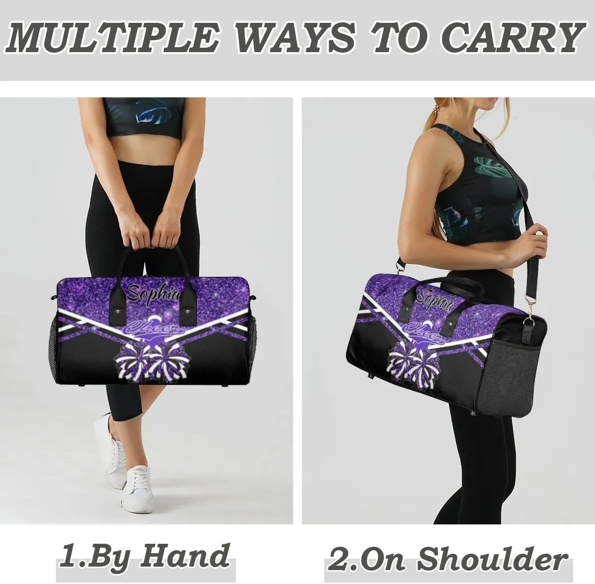 Personalized Name Cheer Duffel Bag for Cheerleaders, Custom Travel Duffle Bag, Custom Sports Bag for Women, Cheerleading Overnight Weekender Bag, Deep Purple Glitter