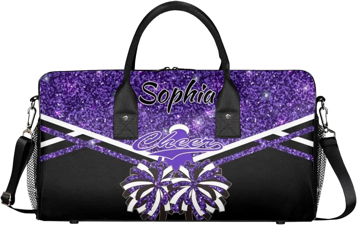 Personalized Name Cheer Duffel Bag for Cheerleaders, Custom Travel Duffle Bag, Custom Sports Bag for Women, Cheerleading Overnight Weekender Bag, Deep Purple Glitter