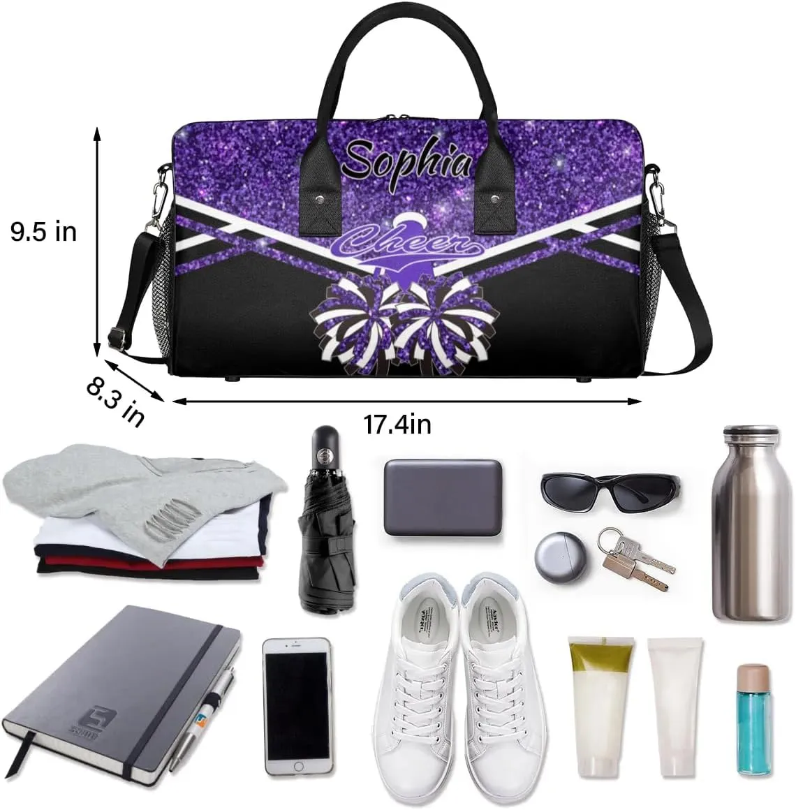 Personalized Name Cheer Duffel Bag for Cheerleaders, Custom Travel Duffle Bag, Custom Sports Bag for Women, Cheerleading Overnight Weekender Bag, Deep Purple Glitter