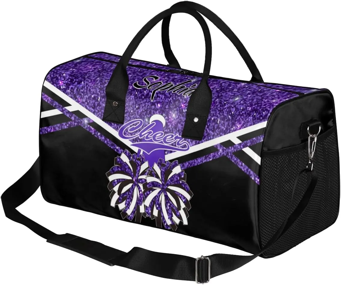 Personalized Name Cheer Duffel Bag for Cheerleaders, Custom Travel Duffle Bag, Custom Sports Bag for Women, Cheerleading Overnight Weekender Bag, Deep Purple Glitter