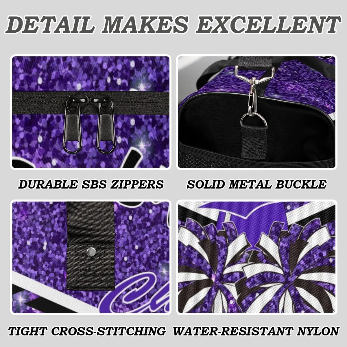 Personalized Name Cheer Duffel Bag for Cheerleaders, Custom Travel Duffle Bag, Custom Sports Bag for Women, Cheerleading Overnight Weekender Bag, Deep Purple Glitter