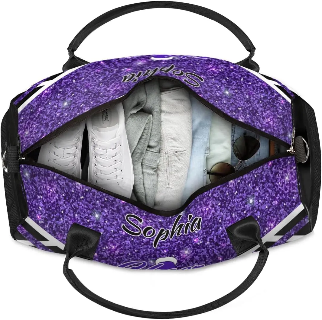 Personalized Name Cheer Duffel Bag for Cheerleaders, Custom Travel Duffle Bag, Custom Sports Bag for Women, Cheerleading Overnight Weekender Bag, Deep Purple Glitter
