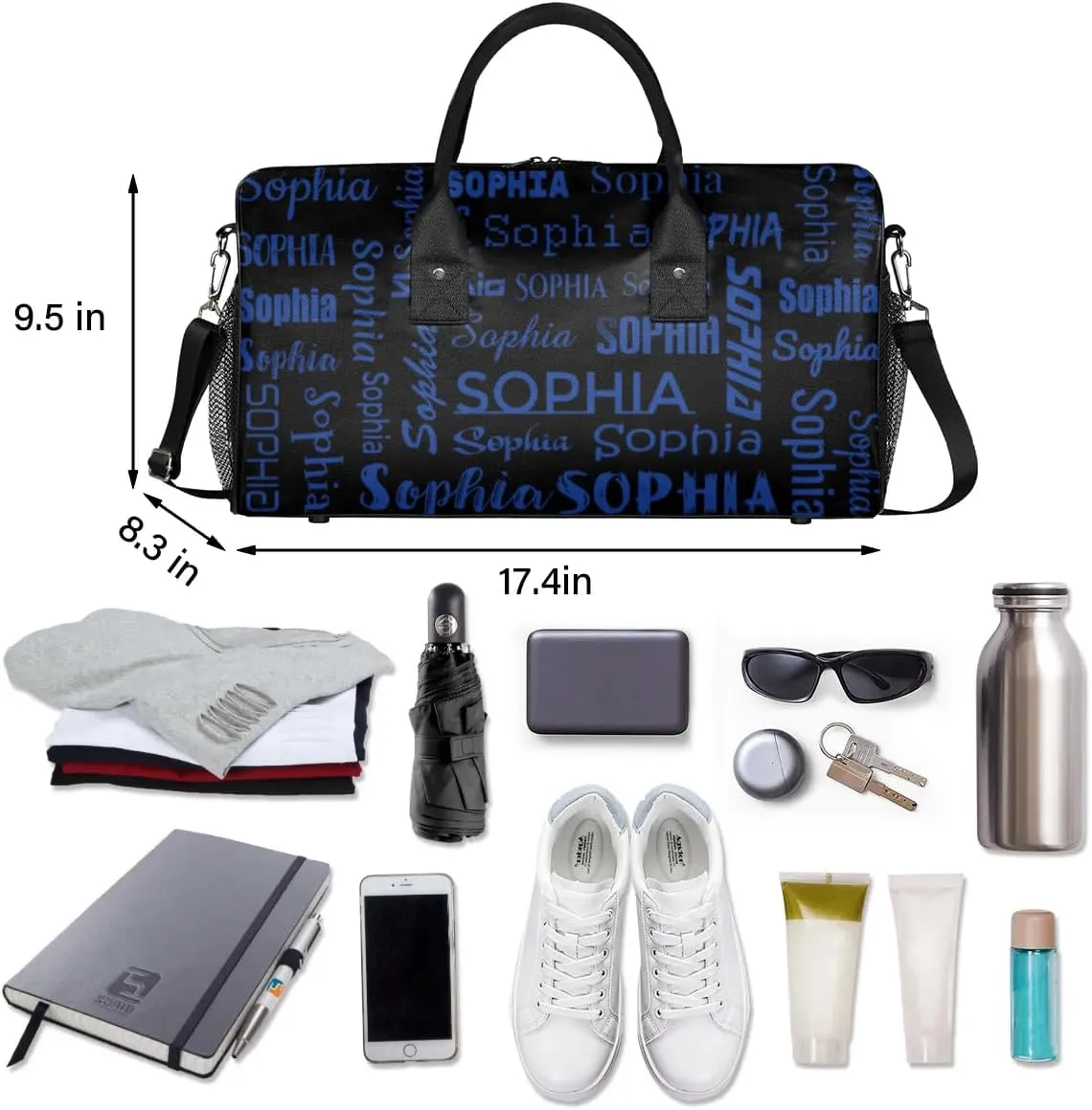 Personalized Name Sports Bag, Cobalt Blue Custom Large Gymnastics Cheer Dance Gym Duffel Bag Overnight Weekender Bag Sleep Over Travel Bag