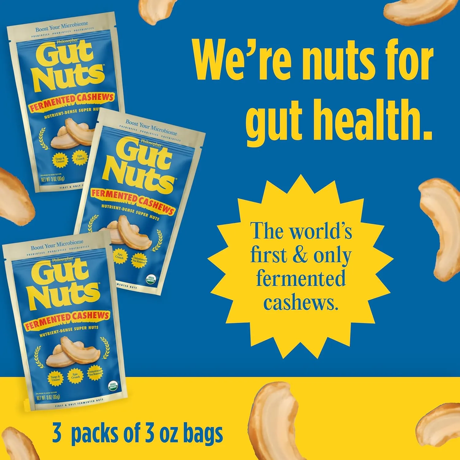 Philosopher Foods Gut Nuts - Fermented Cashews for Gut Health - Tangy, Umami, & Salty Flavors - Super Crunchy Low Carb Keto Snacks - Low Sugar Prebiotic & Postbiotic Cashew Snacks - 3oz Pouch (3 Pack)