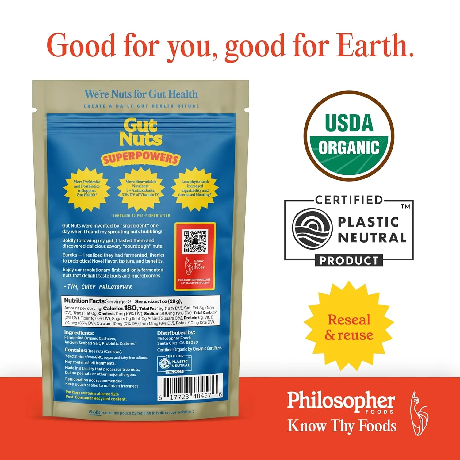 Philosopher Foods Gut Nuts - Fermented Cashews for Gut Health - Tangy, Umami, & Salty Flavors - Super Crunchy Low Carb Keto Snacks - Low Sugar Prebiotic & Postbiotic Cashew Snacks - 3oz Pouch (3 Pack)