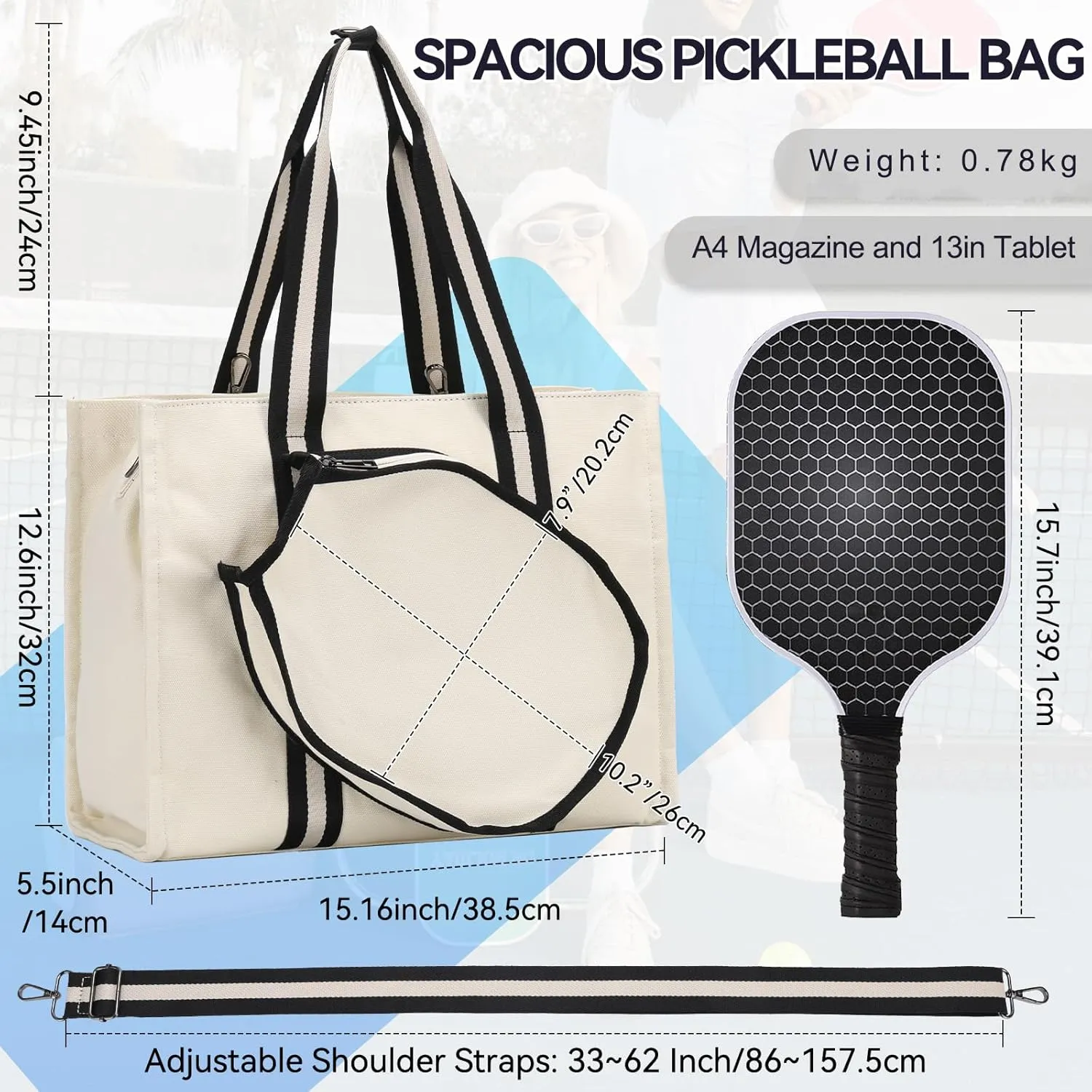 Pickleball Tote Bags for Women with Fence Hook,Vaschy Canvas Pickleball Paddle Holder Case Work/Gym/Sports Tote for 2 Rackets