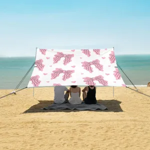 Pink Bows and Hearts Beach Canopy Tent Anti-UV & Wind Resistant, Camping Sun Shelter Easy Setup Portable,Outdoor Shade Tents with Sandbags,Sand Shovels,Ground Pegs & Stability Poles