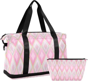 Pink Rhombus Design Versatile Sports Travel Bag - Lasting Twill Tote, Removable Wheel & Rod Bagging, Multi-pocket Design, Complimentary Makeup Bag