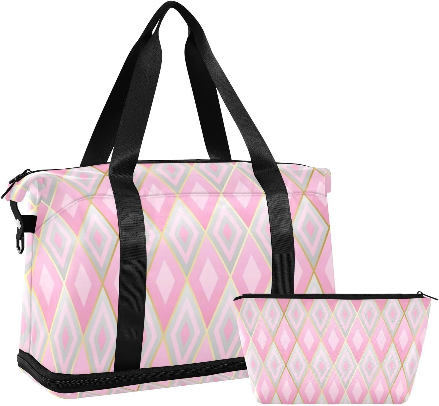 Pink Rhombus Design Versatile Sports Travel Bag - Lasting Twill Tote, Removable Wheel & Rod Bagging, Multi-pocket Design, Complimentary Makeup Bag