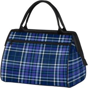 Plaid Blue Indigo Weekender Bags for Women 25L Small Travel Duffel Bag Teen Girl Checked Overnight Tote Bags Ladies Gym Duffle Carry On Bag