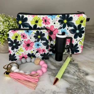 Pouch, Mini Pouch, Pen, Tumbler, & Bracelet Keychain Bundled Set - Floral Pink Blue Lime Black