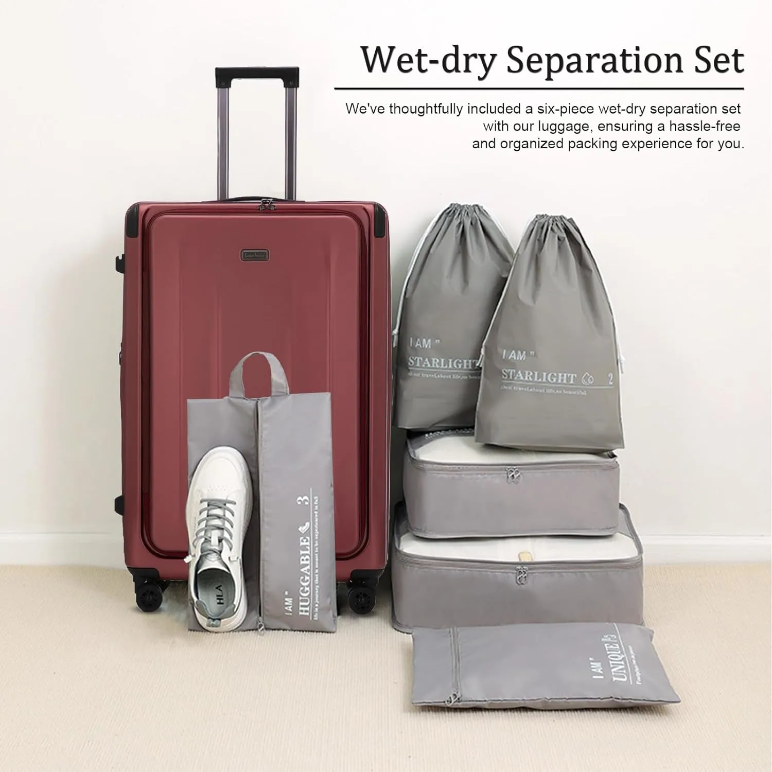 Premium Carry On Luggage, 20 Inch Top Opening Aluminum Frame Lightweight Airline Approved ABS PC Hard Shell Suitcases with Silent Wheels, TSA Lock, Front Pocket and Wet-dry Separated Six-piece Set