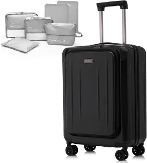 Premium Carry On Luggage, 20 Inch Top Opening Aluminum Frame Lightweight Airline Approved ABS PC Hard Shell Suitcases with Silent Wheels, TSA Lock, Front Pocket and Wet-dry Separated Six-piece Set
