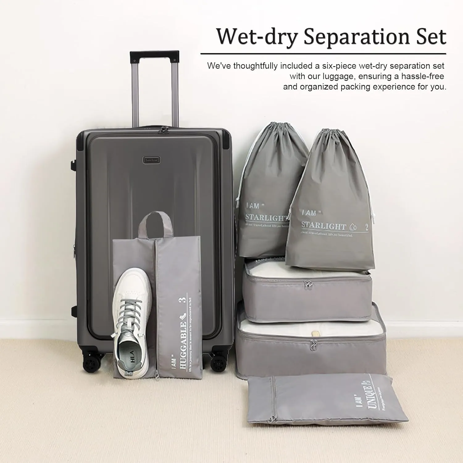 Premium Carry On Luggage, 20 Inch Top Opening Aluminum Frame Lightweight Airline Approved ABS PC Hard Shell Suitcases with Silent Wheels, TSA Lock, Front Pocket and Wet-dry Separated Six-piece Set