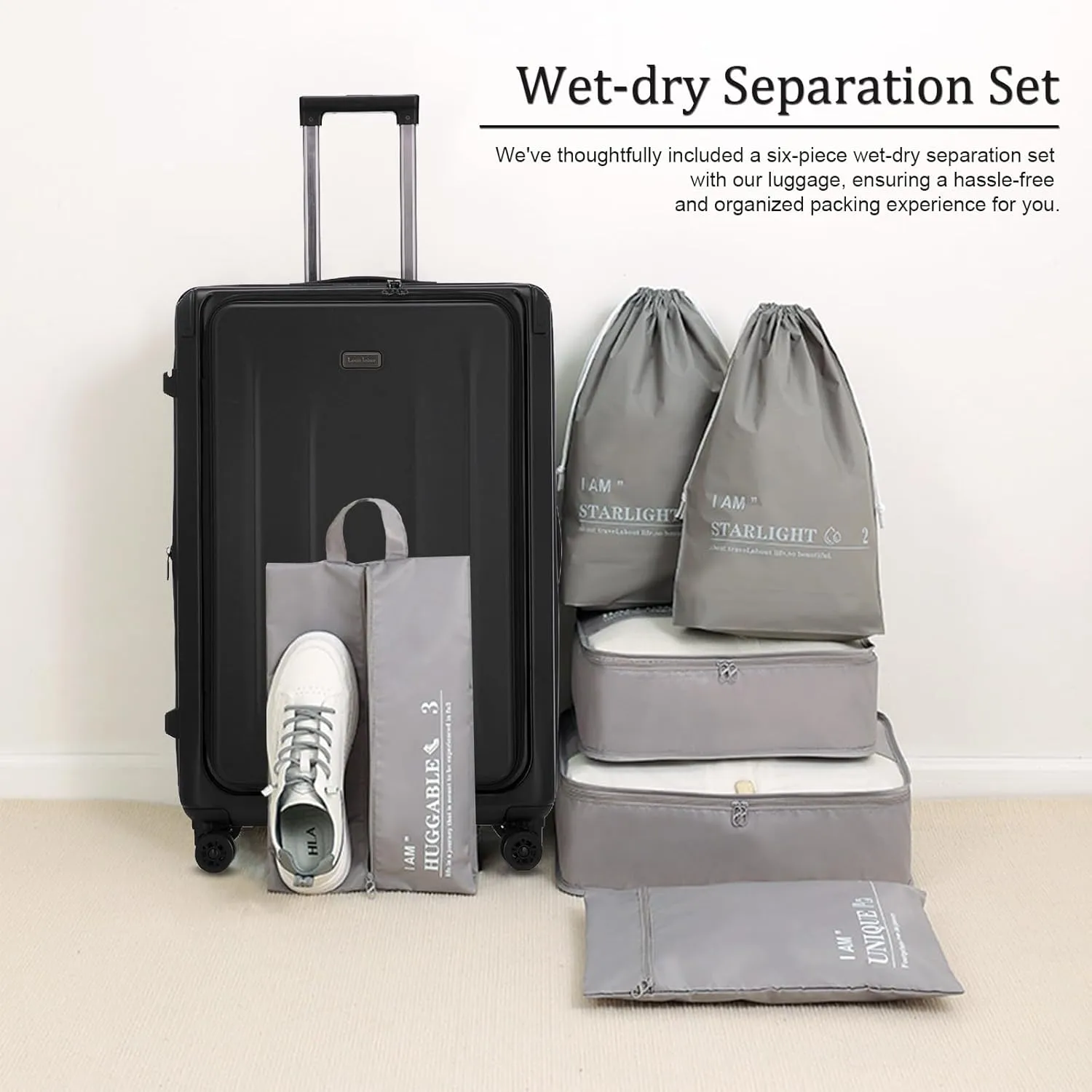 Premium Carry On Luggage, 20 Inch Top Opening Aluminum Frame Lightweight Airline Approved ABS PC Hard Shell Suitcases with Silent Wheels, TSA Lock, Front Pocket and Wet-dry Separated Six-piece Set